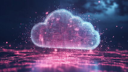 Obraz premium IoT data flowing into a cloud with remote servers managing the process, abstract digital landscape with glowing data streams.