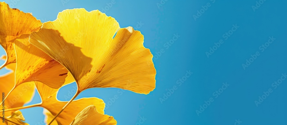 Poster ginkgo tree leaf in bright yellow against a clear blue sky with potential for adding a copy space im
