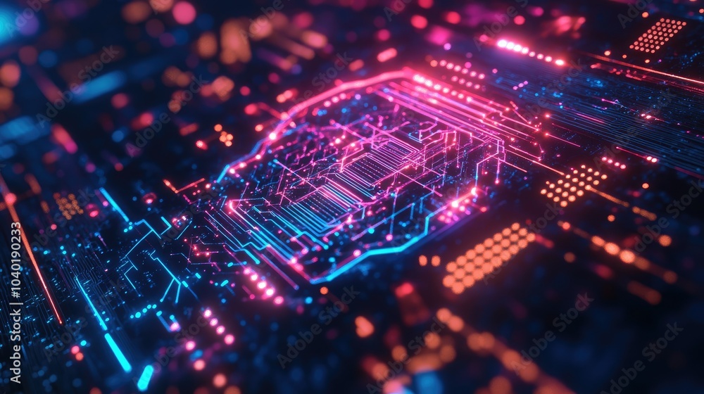 Poster futuristic ai technology background with circuits and glowing light effects. copy space included