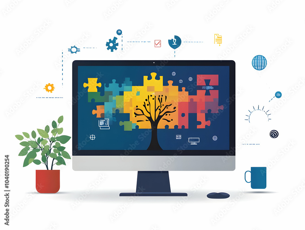 Poster flat desktop monitor with holographic puzzle pieces floating icons and globe - concept of collaborat