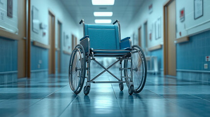 A sleek blue wheelchair sits in the middle of a hospital hallway, well-lit with modern surroundings, representing mobility and accessibility
