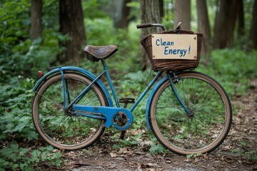 Fototapeta premium Blue Bicycle in a Forest with a Sign: Clean Energy