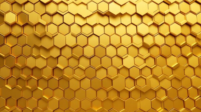 Stunning 3D relief design of golden matte hexagons creating an elegant, seamless texture ideal for modern decor