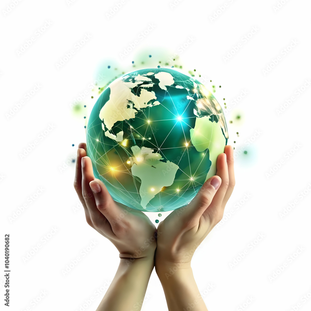 Poster hands holding glowing globe network connections bokeh background global responsibility connectivity 