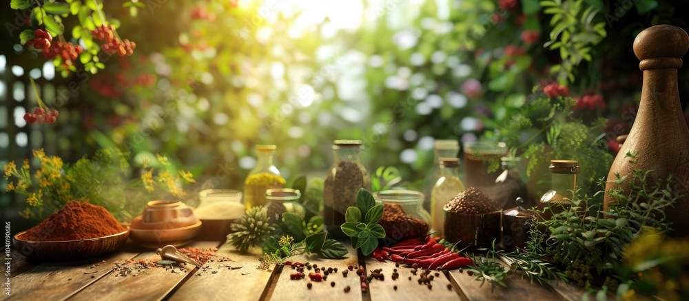Poster an array of herbs and spices on the table bring vivid hues and delightful scents to the kitchen ambi