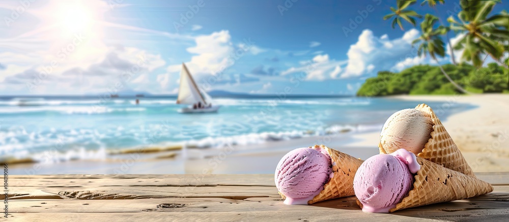 Aufkleber ice cream scoops in cones on wooden table against tropical beach backdrop creates summer vibe with r