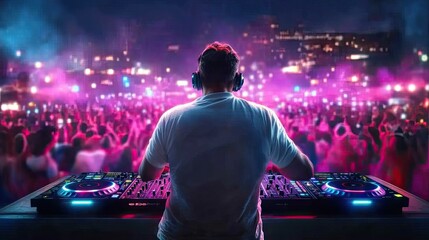 DJ at Night Event with Glowing Turntables and Crowd