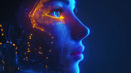 Obraz premium Side view of a humanoid head with blue and yellow eyes and vibrant neon neural network, representing futuristic technology and artificial intelligence. Generative AI