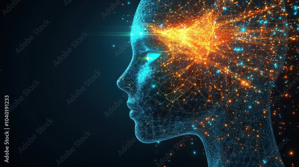 Poster side view of a humanoid head with blue and yellow eyes and vibrant neon neural network, representing