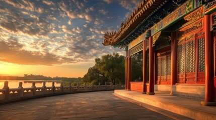 Majestic Pavilion by Misty Lake at Golden Sunset