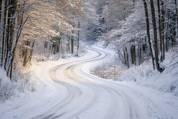 Obraz premium A graceful snowy road winds through a peaceful winter forest, accented by the warm glow of sunlight on the trees, embodying tranquility and natural beauty.