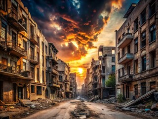 Fototapeta premium Post-Apocalyptic City Portrait Photography with Destroyed Buildings and Cracked Roads for Dramatic Visuals