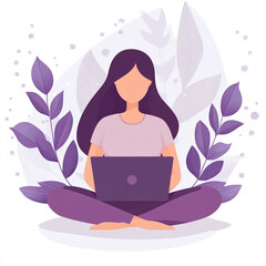 A flat vector illustration of an animated girl sitting on the floor with her laptop, purple leaves around and sparkles behind her.