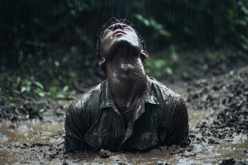 A man rises from a muddy pool, drenched by rain, symbolizing resilience, determination, and the struggle against environmental hardships in an intense landscape setting.