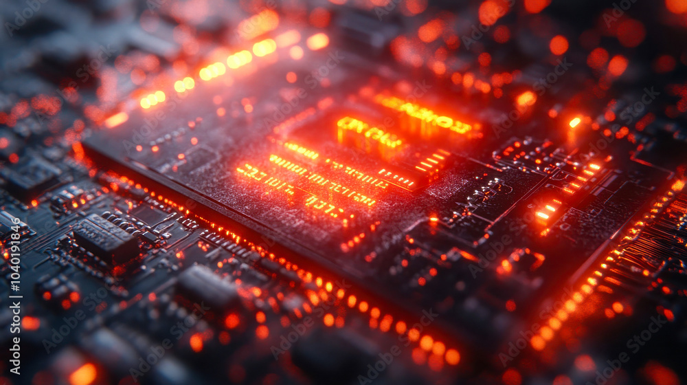 Poster close-up view of a glowing, futuristic circuit board with intricate components and orange neon light