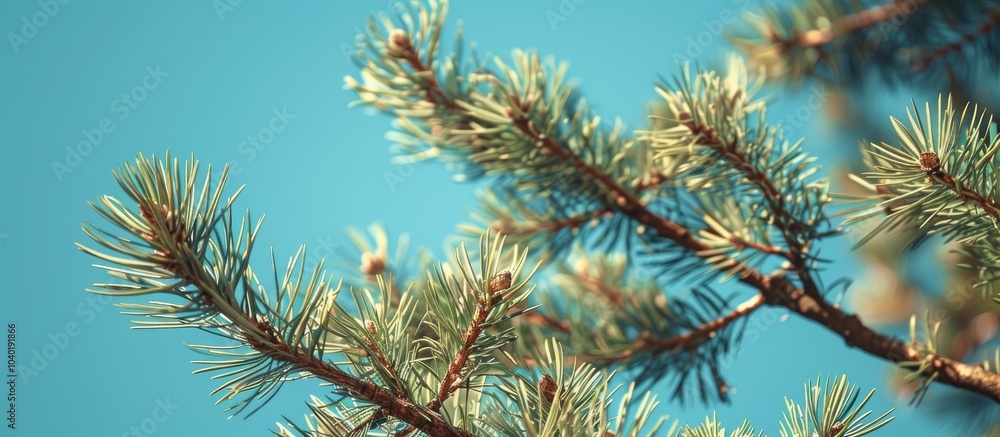 Poster pine branches against a blue sky backdrop with ample copy space for text