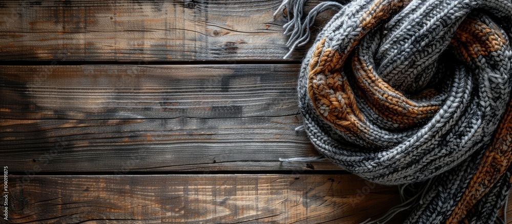 Aufkleber a knitted scarf displayed on a wooden table from a top view offering ample space for text alongside 