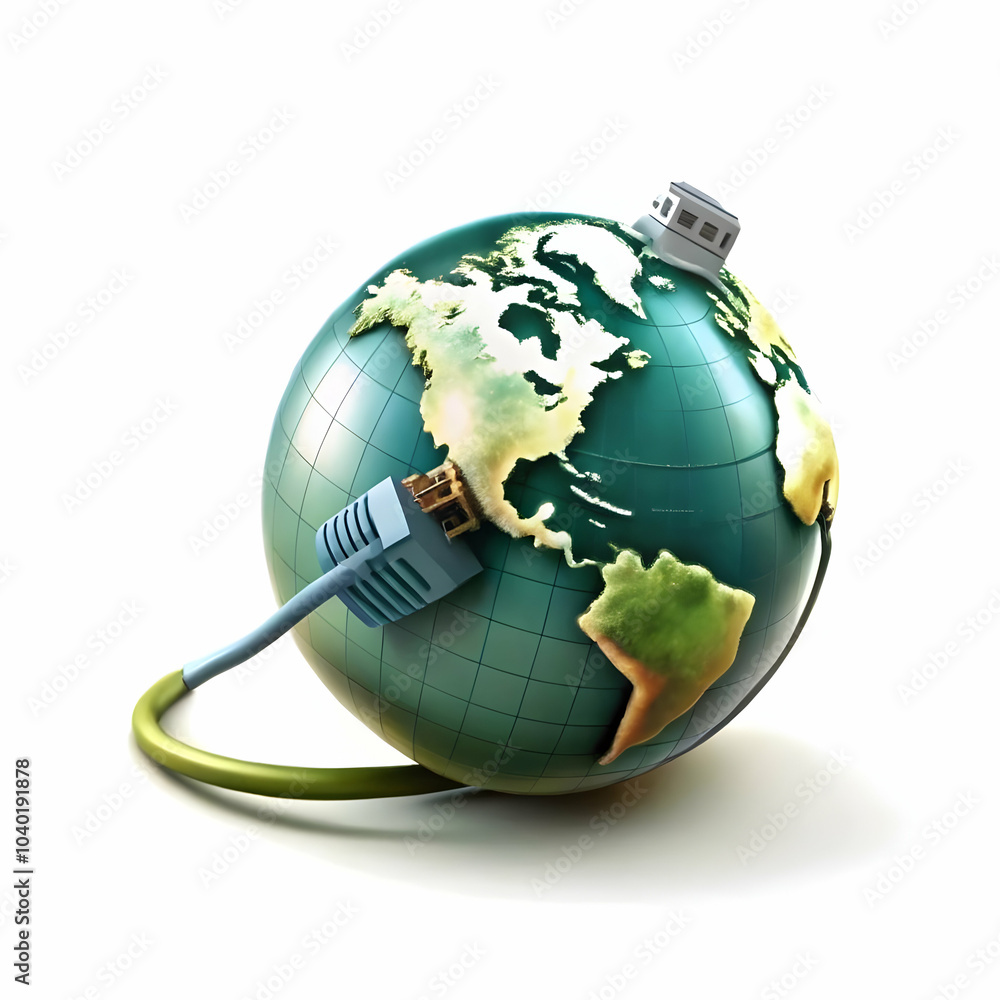 Poster macro image network cable plugged globe global ai business connectivity concept close-up shot networ