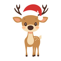 Cute cartoon reindeer wearing a Santa hat with a joyful expression, perfect for holiday-themed designs and decorations