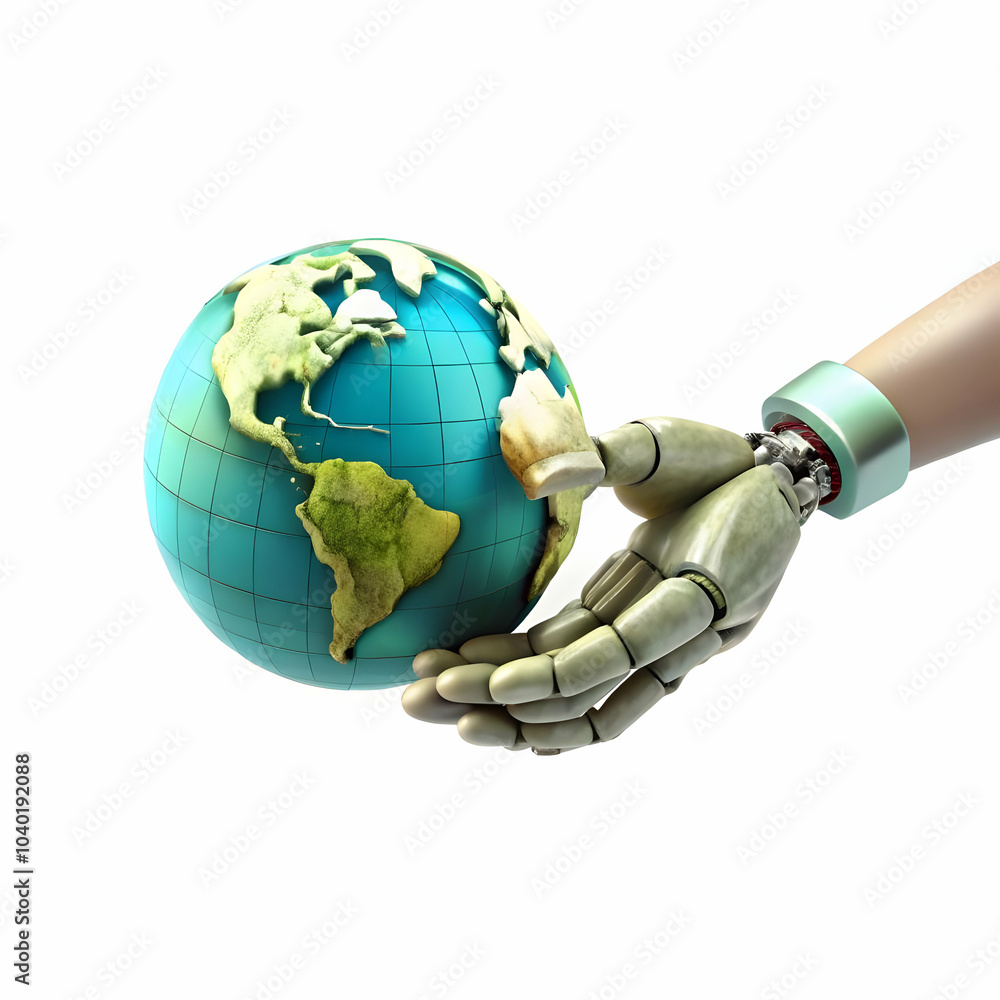 Poster close up human hand robotic hand touching globe macro shot symbolizing global collaboration unity hu