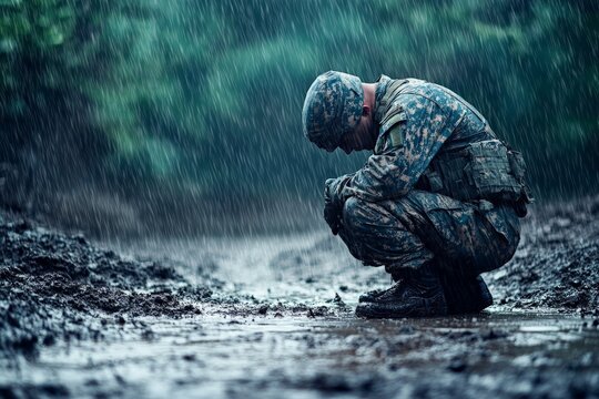 A soldier kneels amidst a heavy downpour, embodying grit and determination on a muddy path, set against a blurred green forest backdrop.