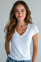 Portrait of a young woman with long hair wearing a plain white t shirt against a neutral background