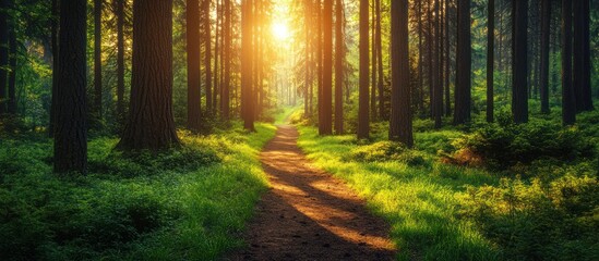 Obraz premium Sun shining through the trees on a forest path.