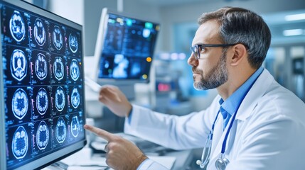 Doctor Reviewing Medical Scans on Large Monitor