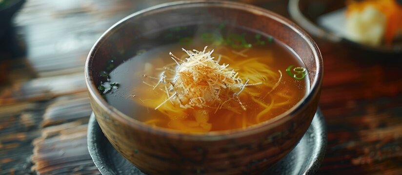 Create dashi using traditional Japanese ingredients like bonito flakes and shavings for a rich broth perfect for Japanese cuisine with a copy space image to showcase the process