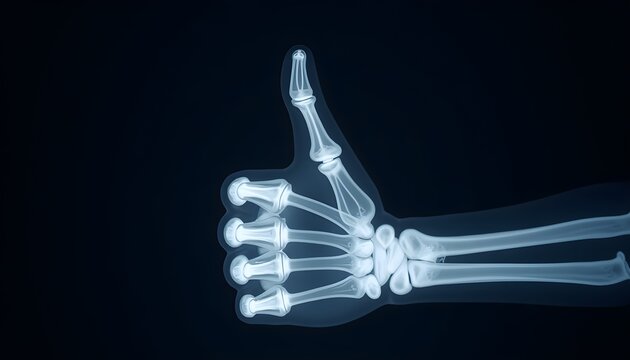 X-ray image of a hand giving a thumbs-up, symbolizing approval of radiation safety practices.