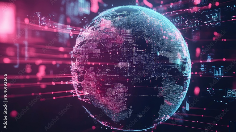 Poster high-tech digital globe surrounded by data streams and ai symbols. ample space for copy