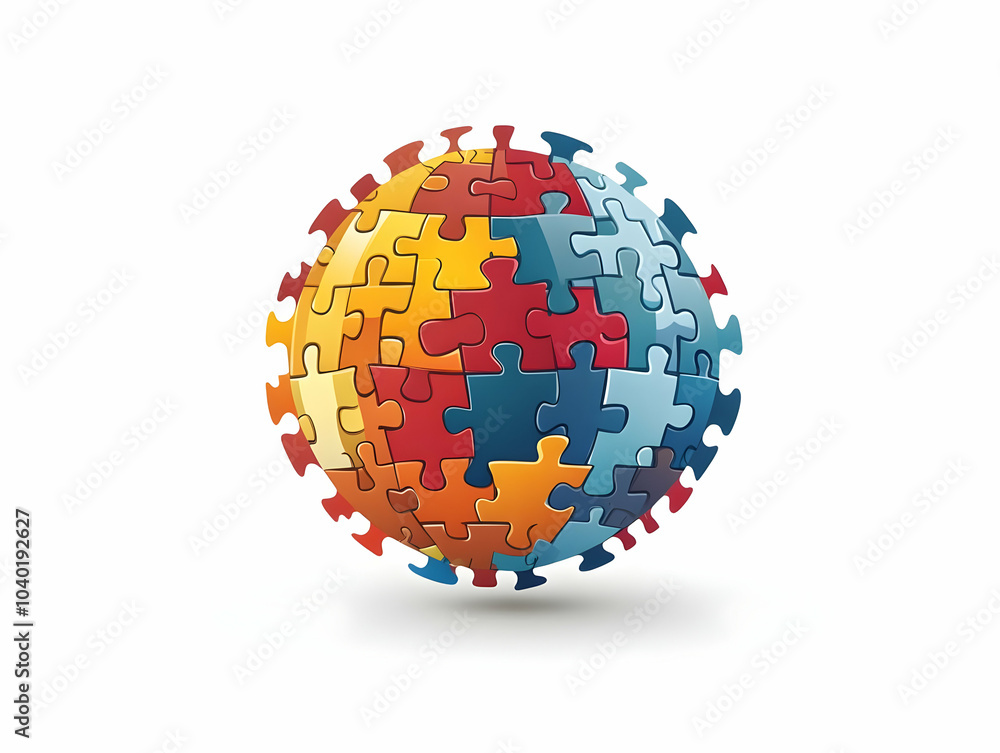 Canvas Prints Flat Mental Health Puzzle Globe Vector Illustration - White Globe with Puzzle Pieces Representing Aspects of Mental Health, Rotating for Global Awareness on Isolated White Background