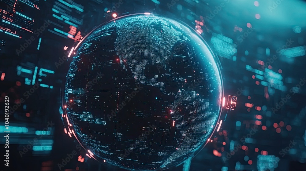 Poster high-tech digital globe surrounded by data streams and ai symbols. ample space for copy
