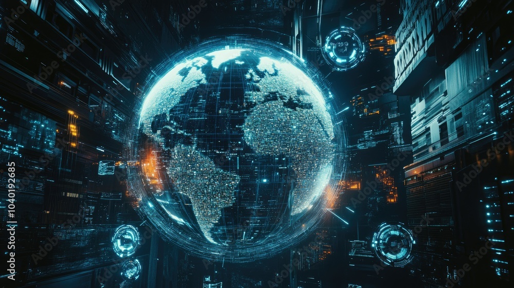 Poster high-tech digital globe surrounded by data streams and ai symbols. ample space for copy