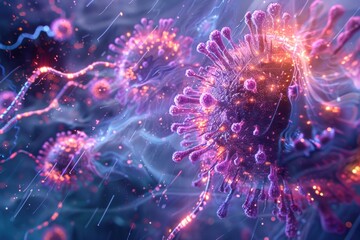 West Nile Virus: A close-up illustration of West Nile virus particles, focusing on the envelope and glycoprotein spikes.