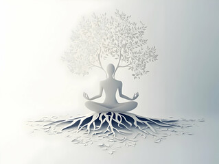 Flat Mindfulness Meditation Tree Concept Vector Illustration of a White Tree with Roots Forming Meditating Figure, Panning Camera Revealing Leaves Symbolizing Mental Wellbeing, Isolated on White