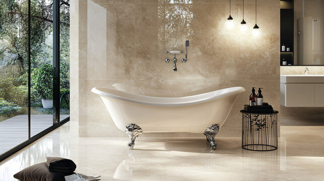 Minimalist bathroom with a clawfoot tub and soft ambient lighting
