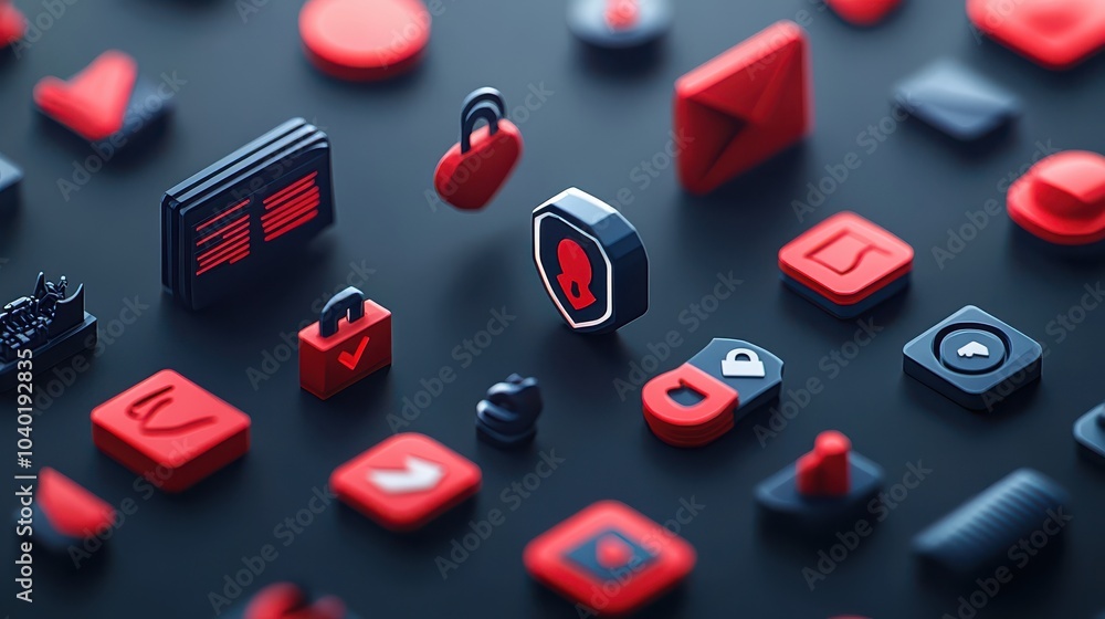 Poster Exploring the intricacies of cybersecurity icons in a bold red and black palette