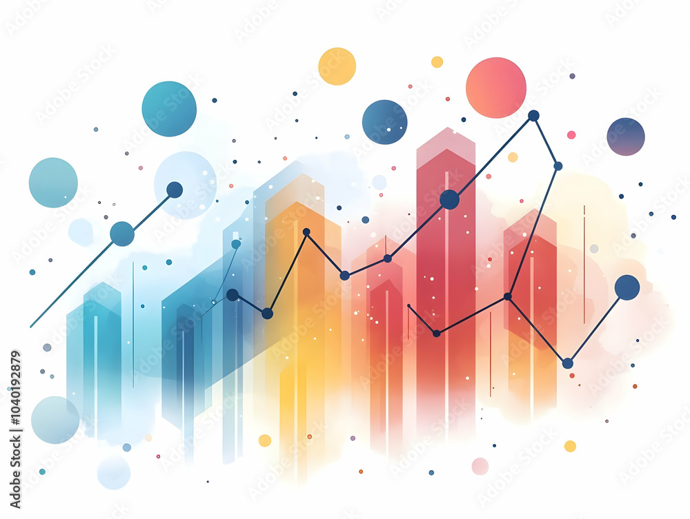 Poster flat abstract upward graph with bokeh imagery - soft upward trend graph over cool toned background, 