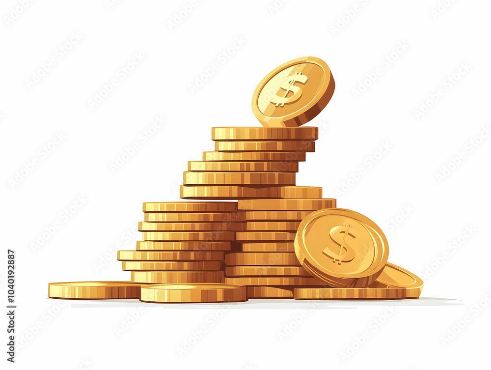 Poster flat glossy coins stack with copy space for business growth - side angle close up of shiny coins on 