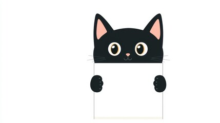 Adorable black silhouette kitten peeking while holding a blank paper for Happy Valentine's Day greetings