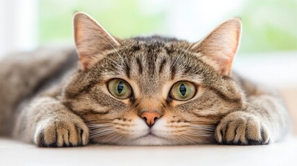 Fototapeta premium Curious tabby cat gazes intently at the camera while lounging comfortably indoors, capturing a moment of feline charm and curiosity
