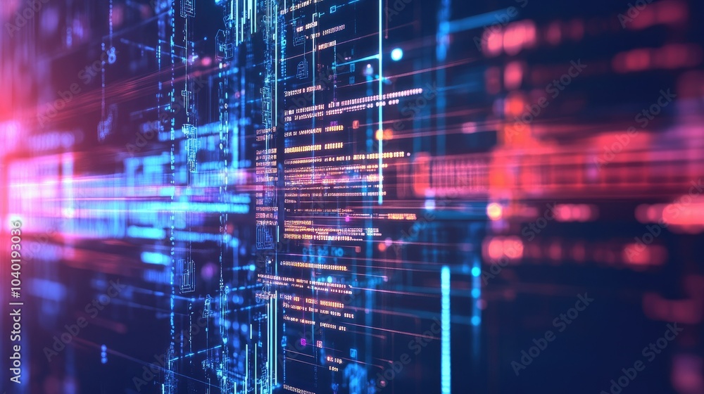 Poster high-tech digital interface with glowing data streams, ideal for ai technology themes. copy space av