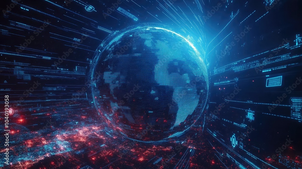 Poster high-tech digital globe surrounded by data streams and ai symbols. ample space for copy