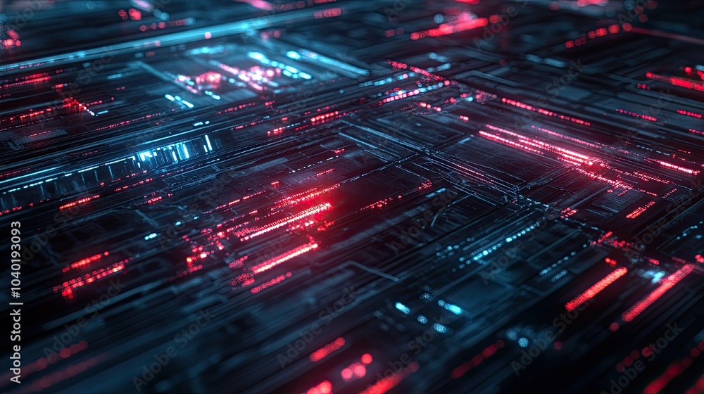 Poster high-tech digital interface with glowing data streams, ideal for ai technology themes. copy space av