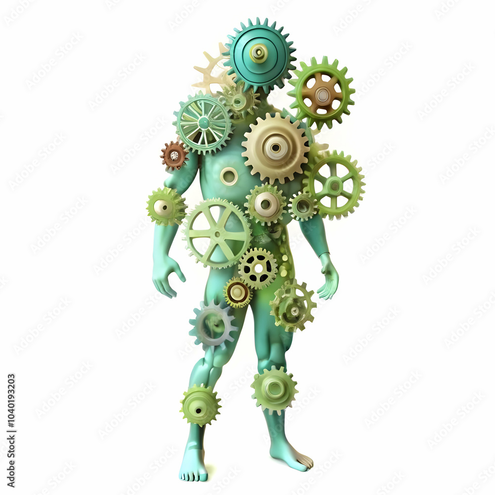 Poster human silhouette merging with robotic gears abstract background symbolizing seamless integration of 