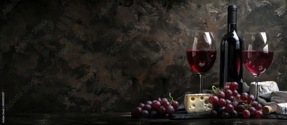 Poster a collection of wine glasses grapes and camembert cheese displayed on a grungy black backdrop with r