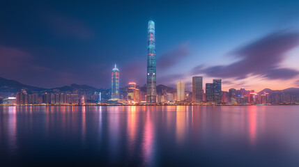 Naklejka premium A futuristic cityscape of Shenzhen at night, where towering skyscrapers and advanced technology dominate the skyline. Neon lights illuminate the buildings, casting long shadows over the serene water 