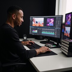 African-American videographer creates multimedia content by editing a film montage with visual effects at home