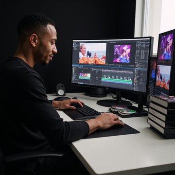 African-American videographer creates multimedia content by editing a film montage with visual effects at home
